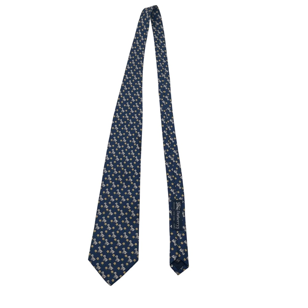Burberrys Tie Silk Dalmatian Dog Print Navy Blue Necktie Made‎ in USA London - Picture 5 of 5